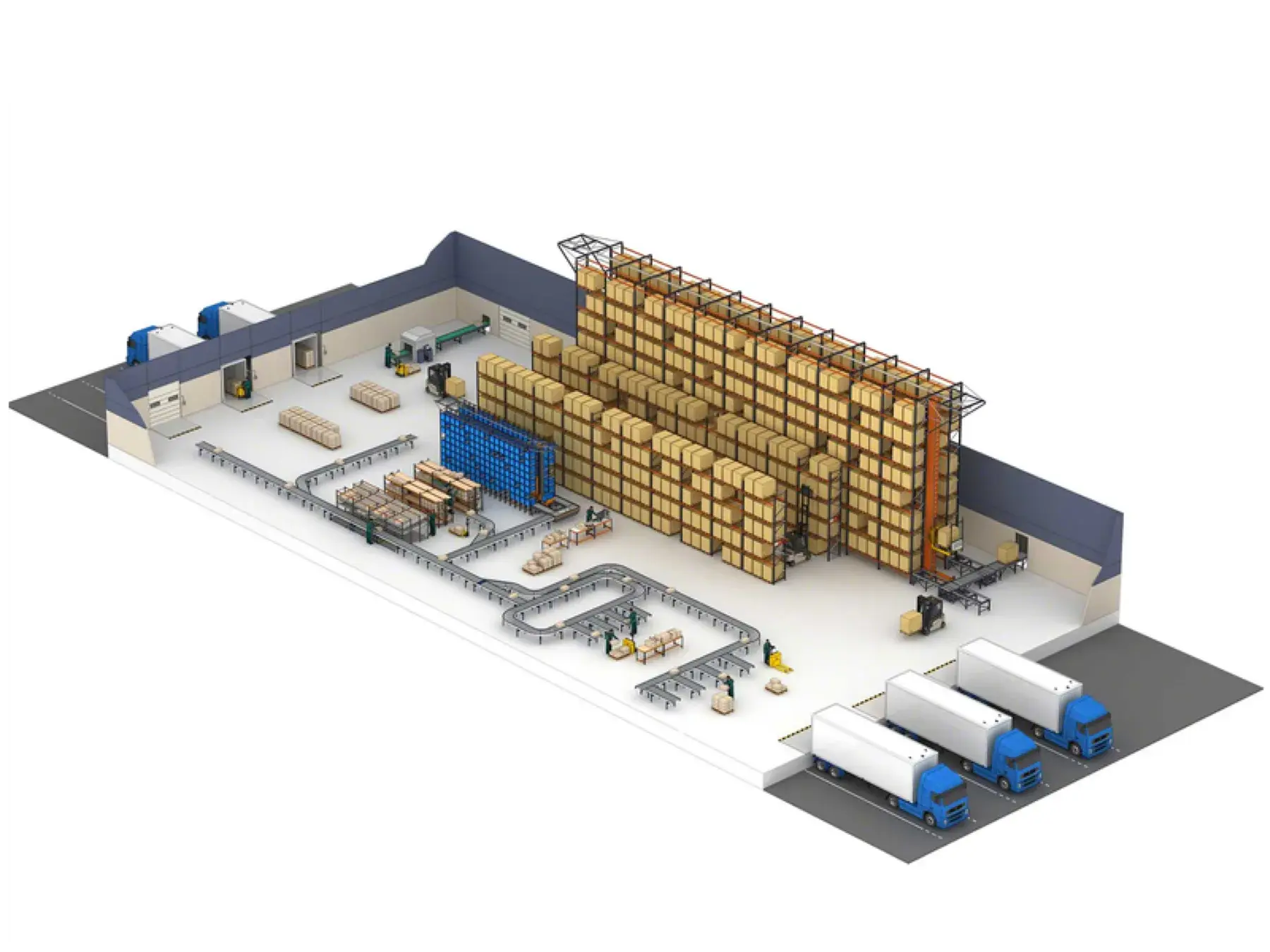 Render isométrico de um armazém com áreas de recebimento, estoque, expedição e transporte